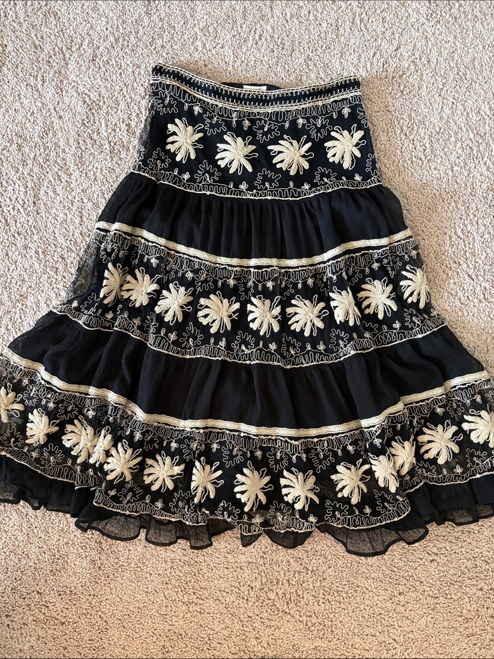 Odille Black Skirt with Cream Floral Embroidery